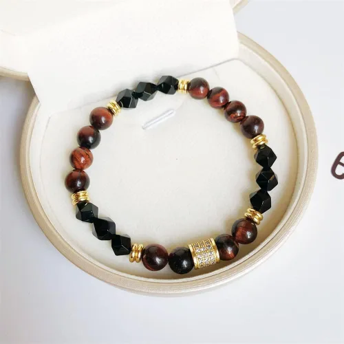 Vista 3 de Xiaofuxian Pulsera de pasión de ojo de tigre rojo natural con obsidiana negra, aumenta la confianza, trae motivación, relación fuerte, pulsera