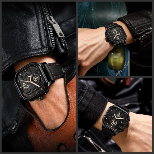 Vista 6 de putouzip Men Square Watch Analog Quartz Luminous Stainless Steel Leather Wristwatch Date Waterproof Chronograph