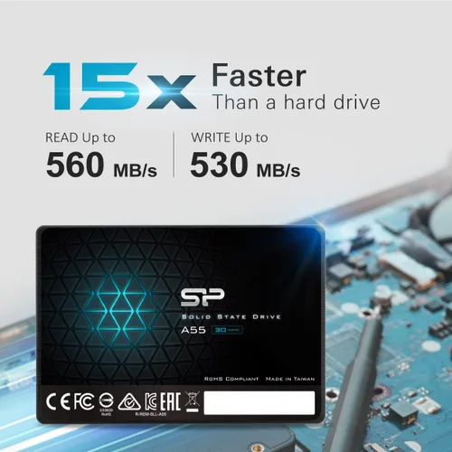 Vista 2 de SP 1TB SSD 3D NAND A55 SLC Cache Performance Boost SATA III 2.5" 7mm (0.28") Unidad interna de estado sólido (SP001TBSS3A55S25)