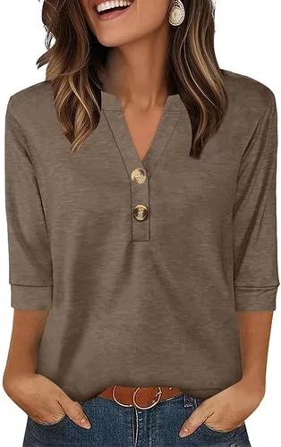 Vista 24 de OFEEFAN - Camisetas de manga 3/4 estilo Henley para mujer, blusas de moda de otoño 2025, atuendos escolares para maestras Raya