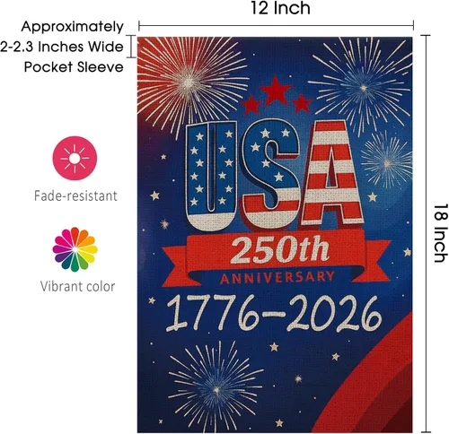 Vista 9 de Bandera de jardín de 250 años de Estados Unidos, pancarta de 250 aniversario con diseño de fuegos artificiales, letrero patriótico del 4 de julio