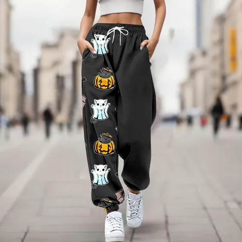 Vista 2 de JMMSlmax Pantalones deportivos de Halloween para mujer, divertidos estampados de calabaza, pantalones deportivos con cordón y bolsillos