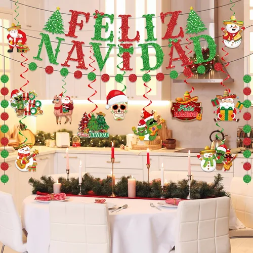Vista 6 de Decoraciones navideñas mexicanas - Cartel de Feliz Navidad y remolinos colgantes