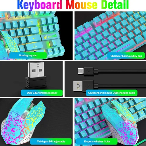 Vista 3 de LexonElec Combo de teclado y mouse inalámbricos para juegos, batería recargable de 3800 mAh con retroiluminación arcoíris, teclado de sensación