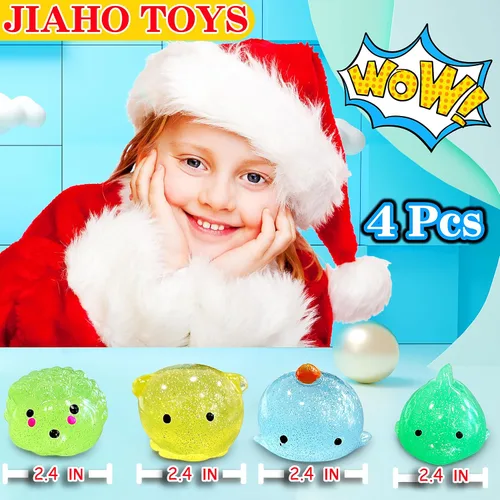 Vista 2 de 4 piezas de juguetes blandos Jumbo Glitter Mochi para niños, juguetes Kawaii, juguetes sensoriales de animales marinos para premios de clase