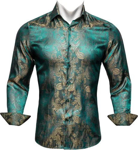 Vista 3 de Barry.Wang Camisas casuales para hombre, camisa de vestir de manga larga con estampado de cachemira de seda para fiesta de negocios, tejido