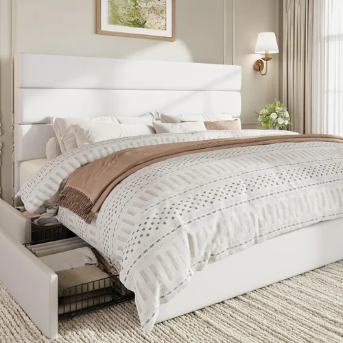Vista 11 de SHA CERLIN Base de cama de plataforma de tamaño matrimonial con 4 cajones de almacenamiento, cabecera tapizada de terciopelo, base de colchón