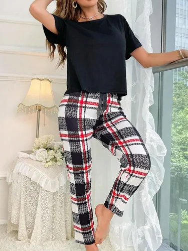 Vista 5 de Floerns Conjunto de pijama de 2 piezas para mujer, camiseta y pantalones con estampado a cuadros