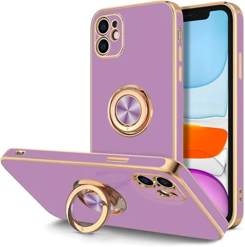 Vista 8 de Hython Funda para iPhone 11 con soporte de anillo [soporte de anillo giratorio de 360° con soporte magnético] [borde de oro rosa chapado en brillo]