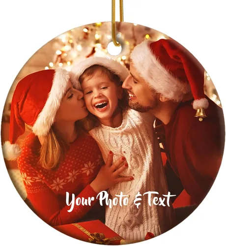 Vista 12 de iDIY Adornos de Navidad personalizados 2024 – Adornos de cerámica con texto con imagen personalizada para árboles de Navidad, adorno colgante