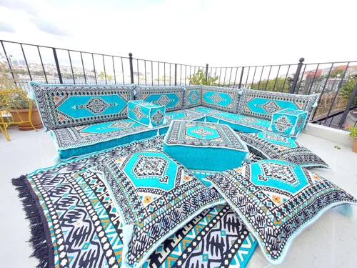 Vista 2 de arabicsofa Light Blue L Shaped Moroccan Majlis Seating – Arabic Sectional Floor Sofa Set – Modular Corner Sofa Set