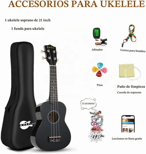 Vista 8 de Kit de ukelele soprano para principiantes de 21 pulgadas con correa de sintonizador de bolsa de concierto en línea gratuita, rápido de aprender Negro