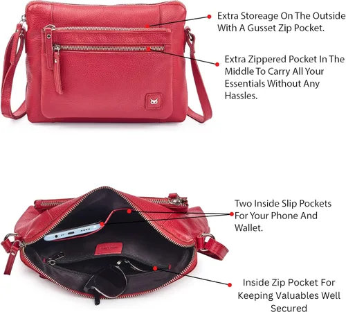 Vista 3 de Bolso cruzados pequeño y cartera de cuero auténtico granulado suave, bolso de hombro cruzado tipo bandolera de calidad prémium y triple cremallera