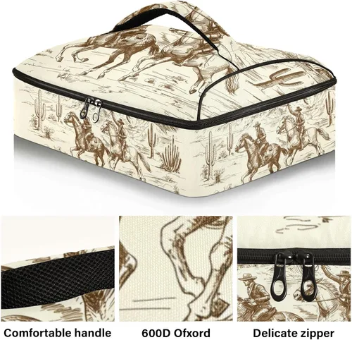 Vista 3 de Cazuela transportadora aislada West Cowboy Horses Plato de 9 x 13 pulgadas con tapa, bolsa calentadora de viaje para alimentos calientes o fríos