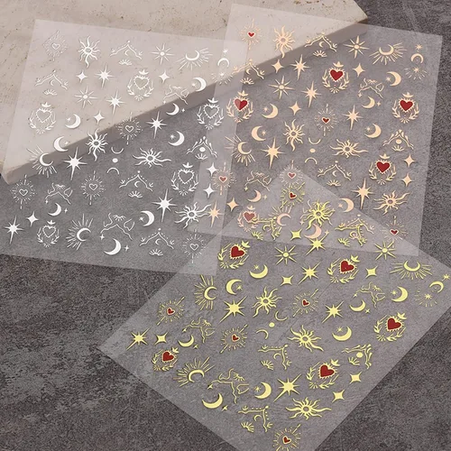 Vista 7 de TailaiMei Calcomanías para uñas de luna y estrella, para el día de San Valentín, calcomanías autoadhesivas de arte de uñas de corazón dorado