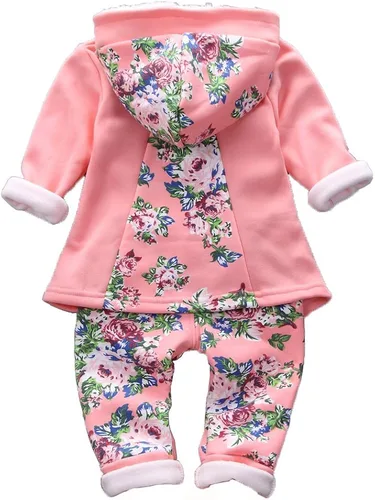 Vista 2 de Conjunto de ropa de primavera y otoño e invierno para niñas pequeñas, terciopelo cálido con capucha y pantalones