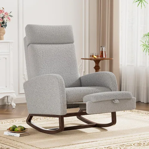Vista 13 de Silla mecedora para guardería, balancín de respaldo alto con reposapiés, color beige Rocking Chair Nursery with Footrest Storage Pocket
