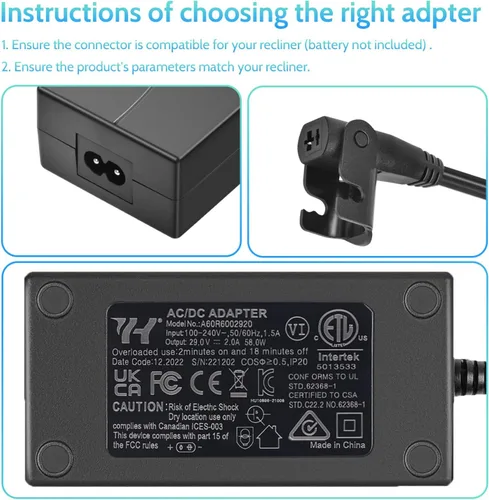 Vista 6 de Fuente de alimentación reclinable Sopito Wide AC/DC 100-240V - con cable de extensión de 6.6 pies, transformador de 29 V 2 A, conector de 2 pines