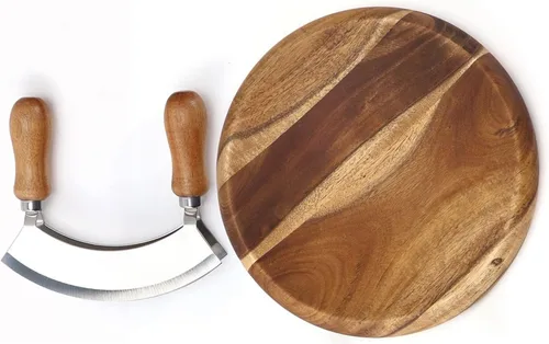 Vista 8 de Mezzaluna - Cuchillo y tabla de cortar redonda, cuchillo de corte de doble hoja de acero inoxidable, cortador de pizza con tabla de cortar