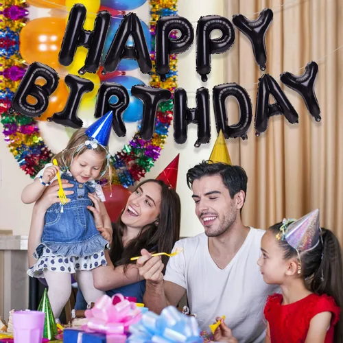 Vista 5 de Accevo Cartel de globos negros con letras Happy Birthday, 16 pulgadas, papel de aluminio, letras 3D, feliz cumpleaños para niños, adultos, unisex