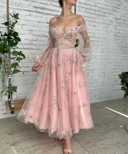 Vista 6 de Fivsole Vestido de fiesta con hombros descubiertos y mangas abullonadas para mujer, con bordado de flores, tul corto, vestidos formales de fiesta