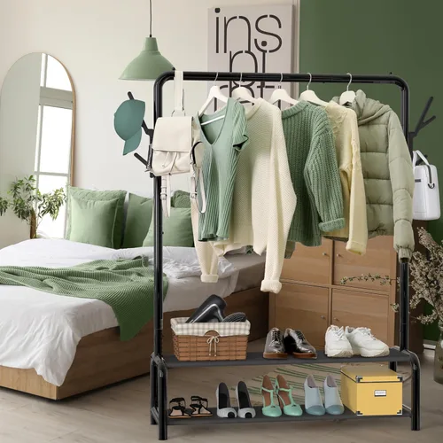 Vista 2 de Simple Houseware Perchero de Ropa Independiente de 52 Pulgadas con Estantes de Almacenamiento y Ganchos para Abrigos/Sombreros, Negro