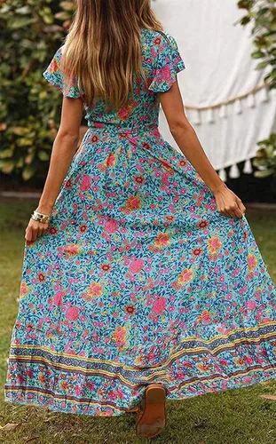 Vista 4 de ZESICA - Vestido para mujer, diseño floral bohemio, cuello en V, manga corta