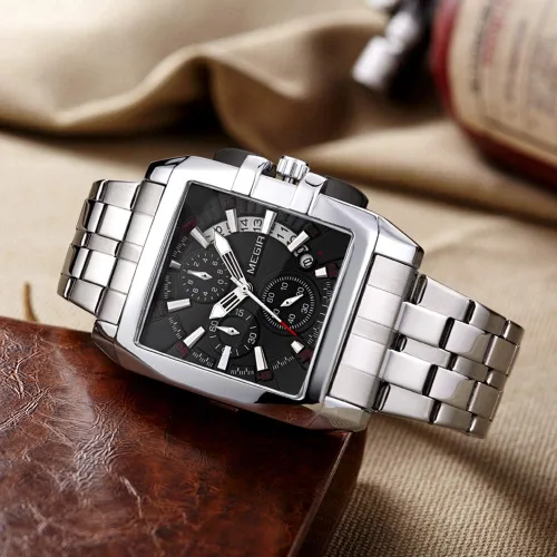 Vista 8 de MEGIR Reloj de pulsera analógico de cuarzo luminoso para hombre con correa de acero inoxidable para colección MS2018
