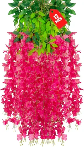 Vista 20 de Paquete de 12 flores colgantes de glicina rosa, flores colgantes falsas de 3.44 pies, guirnalda de glicina artificial para decoración de boda, telón