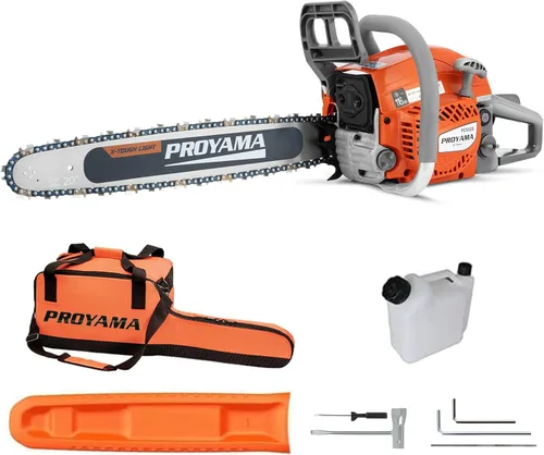 Vista 10 de PROYAMA 62CC motosierra de gas de 2 ciclos, 22 pulgadas 18 pulgadas motosierra de gasolina inalámbrica de mano para corte de madera de árboles
