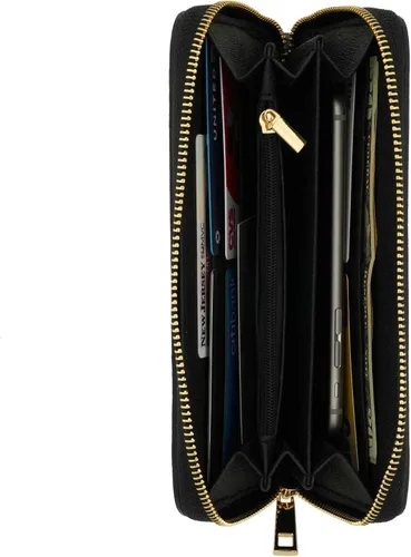 Vista 3 de Fioretta Cartera italiana de cuero genuino para mujer, organizador de tarjetas de crédito con cremallera alrededor, Negro -, Cartera con cremallera
