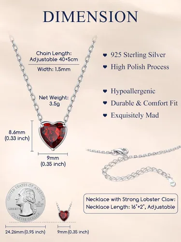 Vista 5 de Suplight 925 Sterling Silver Heart/Round Birthstone Necklaces for Women 01. Enero (Garnet)