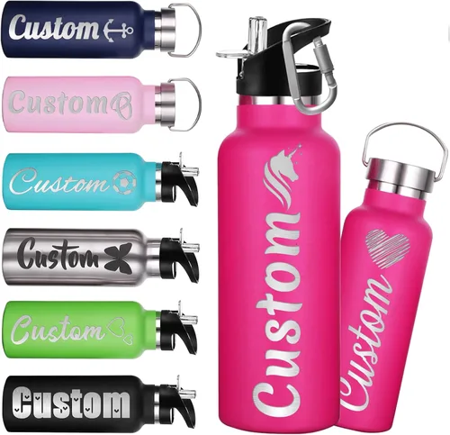 Vista 13 de Botellas de agua personalizadas de 12 onzas, botella de agua de acero inoxidable personalizada con tapa con pajilla, botellas de doble pared