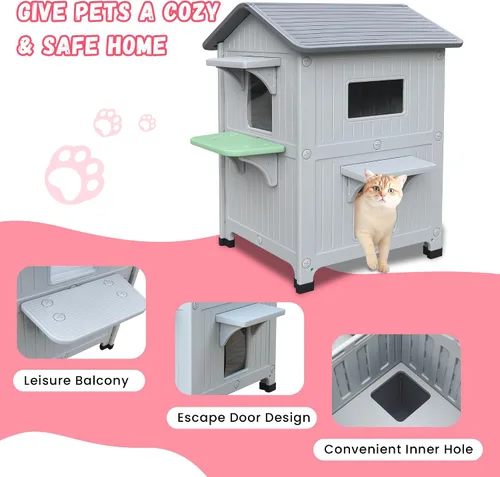 Vista 8 de Casa de plástico para gatos al aire libre – Casa para gatos para exteriores con forro aislante para invierno, 100% resistente a la intemperie