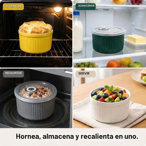 Vista 4 de Juego de 4 moldes de cerámica de 14 onzas con tapas, aptos para horno, creme brulee para horno, soufflé, pudín, postre, inmersión, sobras
