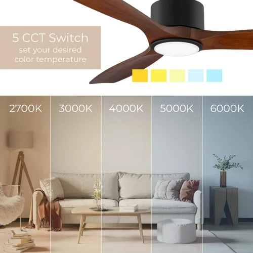 Vista 5 de Madera - Ventilador de techo inteligente de 52 pulgadas y 3 aspas para interiores o exteriores, 2700K-6000K CCT de rango sintonizable, kit de luz