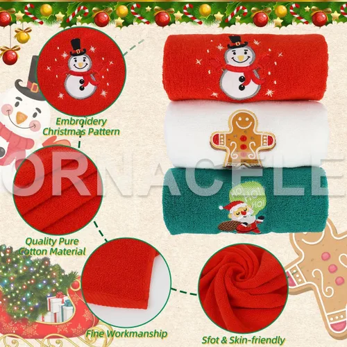 Vista 3 de Juego de 3 toallas de mano de gran tamaño para Navidad, 34 x 74 cm 100% algodón grueso toallas de cocina navideñas, diseño decorativo bordado