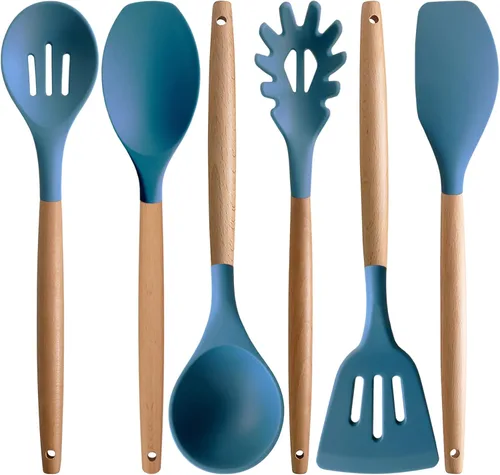 Vista 22 de Juego de 4 utensilios de cocina de silicona, juego de utensilios de cocina grandes antiadherentes con mango de madera, grado alimenticio, resistente