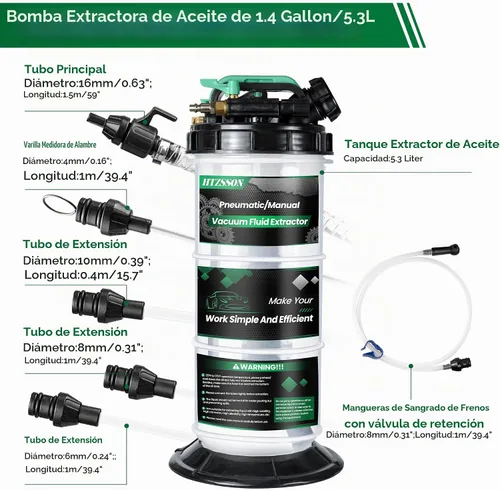 Vista 2 de Extractor de líquido neumático manual de 5.3 L, extractor de bomba de vacío de cambio de aceite con 5 tubos y una manguera de purga de frenos