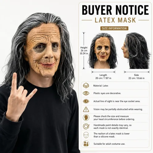 Vista 3 de Máscara de Halloween de mujer anciana aterradora para adultos, cabello