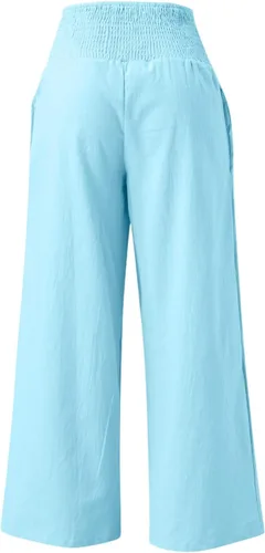 Vista 4 de SHAOBGE Pantalones palazzo de verano para mujer, cintura alta, pierna ancha, casual, cintura elástica, pantalones de playa con bolsillos