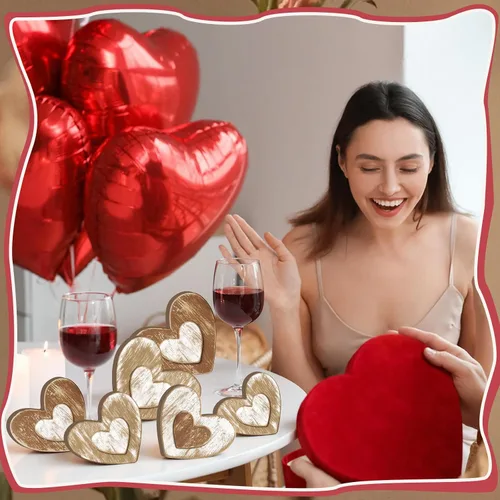 Vista 6 de 7 piezas de decoración para el día de San Valentín, bandeja escalonada de madera con forma de corazón, decoración retro para el día de San Valentín