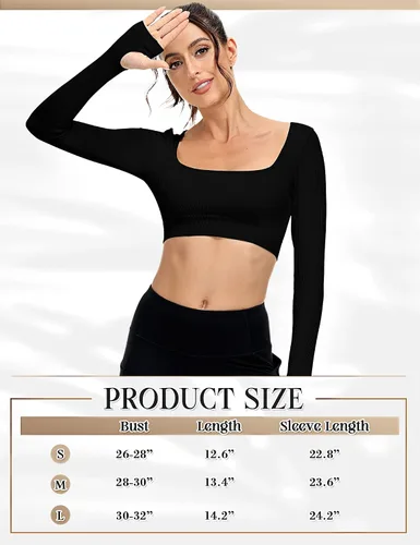 Vista 5 de Paquete de 3 camisetas cortas acanaladas sin costuras de manga larga con cuello cuadrado para mujer, entrenamiento, gimnasio, yoga