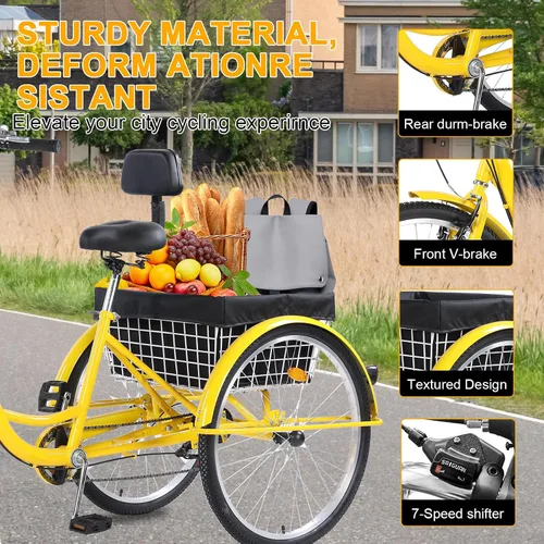 Vista 2 de Triciclo para adultos, triciclos para adultos de 24/26 pulgadas, bicicleta de crucero de 3 ruedas con cesta grande y asiento ajustable, triciclos