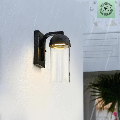 Vista 4 de Globe Electric 60000023 - Aplique de pared LED integrado de 12 W, negro mate, pantalla de vidrio transparente, luz de porche, luces de pared