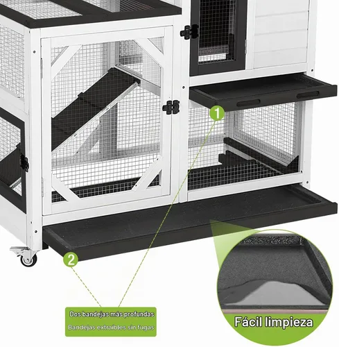 Vista 6 de GUTINNEEN Jaula para conejos, interior y exterior, casa para conejos de 2 pisos con ruedas, jaula de madera con 2 bandejas extraíbles para cobayas