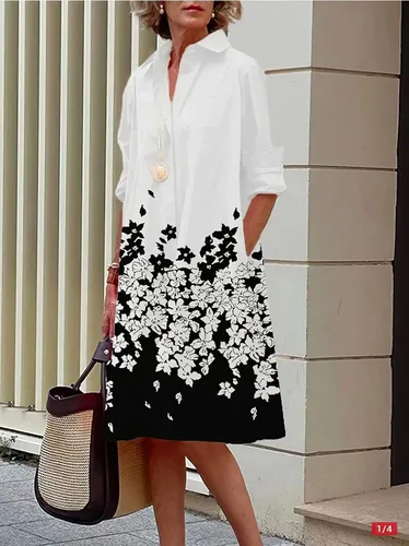 Vista 2 de Vestido de lino para mujer, vestidos de verano de manga larga para mujer, vestido de talla grande, vestidos holgados para mujer con 2 bolsillos