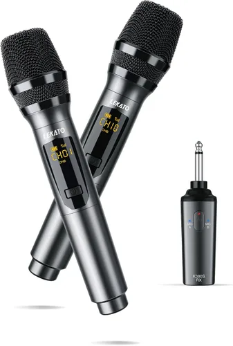Vista 9 de LEKATO Micrófono Inalámbrico Micrófonos Inalámbricos Recargables con Receptor Sistema de Micrófono de Mano Dual Micrófono Dinámico para Cantar
