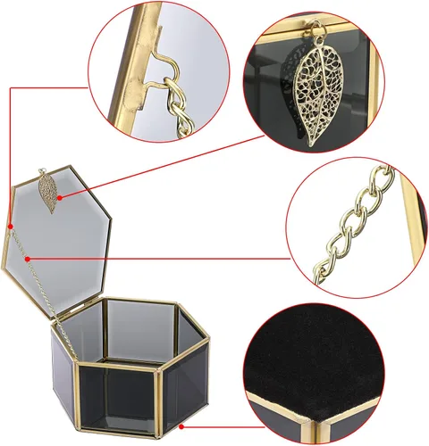 Vista 3 de ELLDOO Joyero de cristal negro organizador de joyería hexagonal con ribete dorado caja de recuerdo decoración decorativa caja de vidrio con tapa