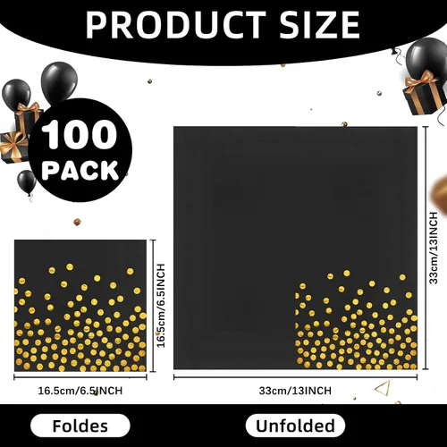 Vista 2 de 100 servilletas de cóctel desechables negras – Servilletas de papel negro y dorado para cumpleaños, boda, aniversario, Año Nuevo, fiesta